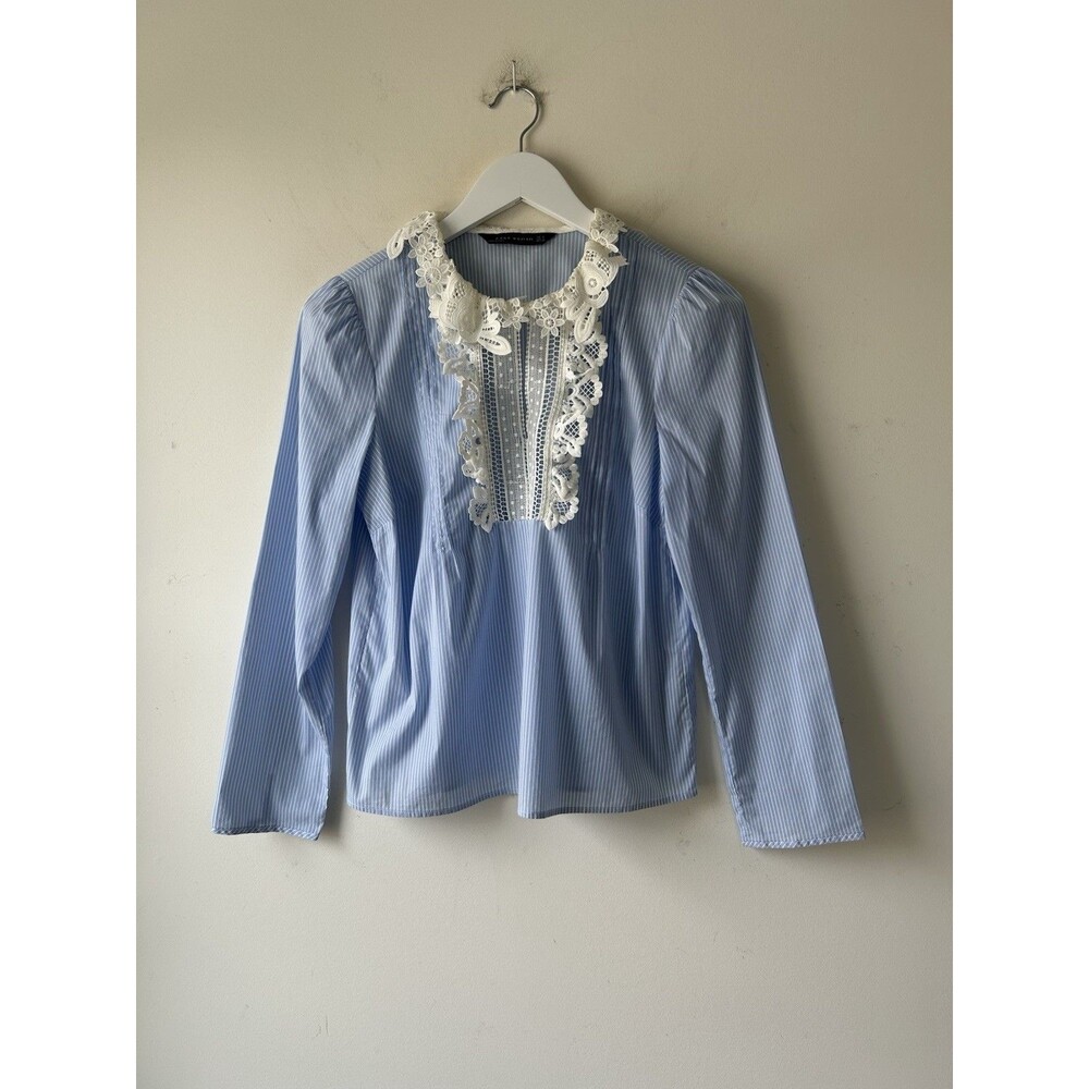 ZARA Womens Blue Embroidered Collar Striped Blouse Long Sleeve Size S Classic